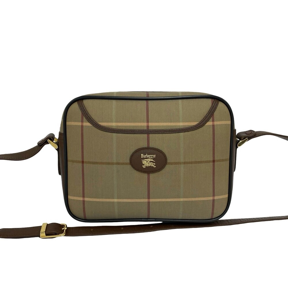 Burberrys Vintage Check Pattern Logo Canvas Leather Shoulder Bag Pouch Brown ...